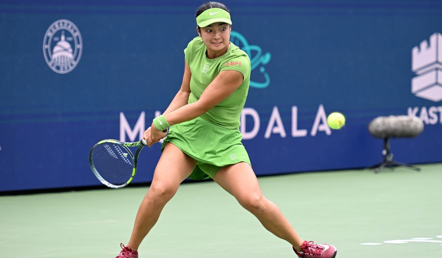 Alex Eala of the Philippines returns a shot against Jessica Pegula of the United States in the WTA final of the DC Open tennis tournament in Washington, D.C., Sunday, August 2, 2026. (All-Pro Reels)