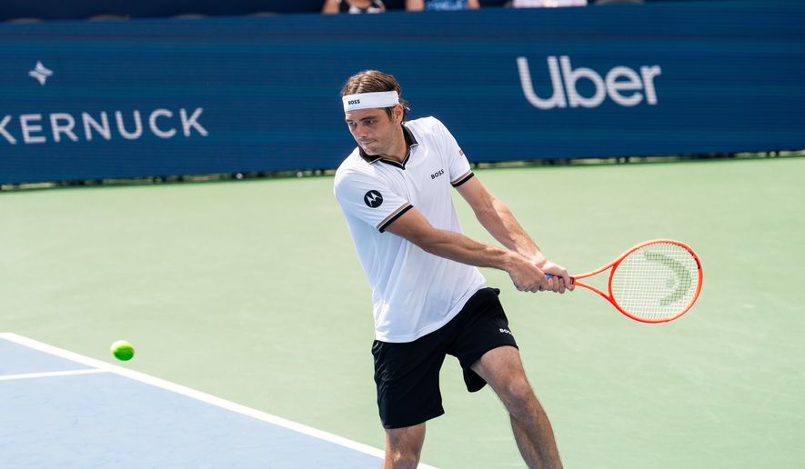 Taylor Fritz of the United States returns a backhand against Rafael Jodar of Spain in the ATP final of the DC Open tennis tournament in Washington, D.C., Monday, August 3, 2026. (All-Pro Reels)