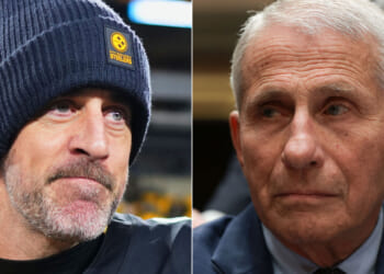 Split image: On the left, a man in a dark knit hat and sports attire looks to the side. On the right, an older man in a suit—reminiscent of Fauci—looks thoughtful and serious.