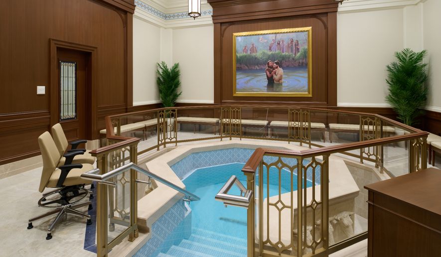This photo provided by the Church of Jesus Christ of Latter-day Saints shows the baptistry of their new temple in Independence, Ohio, near Cleveland, on Wednesday, April 13, 2026. (Church of Jesus Christ of Latter-day Saints via AP)