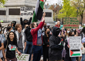 Demonstrators gather on Cambridge Common to protest Harvard's stance on the war in Gaza and show support for the Palestinian people, outside Harvard University in Cambridge, Massachusetts, April 25, 2025. (Photo by Joseph Prezioso / AFP) (Photo by JOSEPH PREZIOSO/AFP via Getty Images)