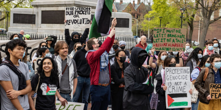 Demonstrators gather on Cambridge Common to protest Harvard's stance on the war in Gaza and show support for the Palestinian people, outside Harvard University in Cambridge, Massachusetts, April 25, 2025. (Photo by Joseph Prezioso / AFP) (Photo by JOSEPH PREZIOSO/AFP via Getty Images)