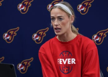 The Indiana Fever's Sophie Cunningham is pictured in a pre-game news conference July 31 in Portland, Oregon.