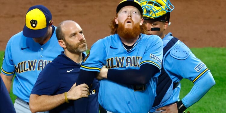 Brewers pitcher nailed by 106 mph liner, exits after one pitch