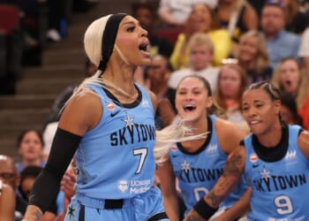 DiJonai Carrington of the Chicago Sky reacts against the Indiana Fever during the first half at United Center on Aug. 8, 2026, in Chicago, Illinois.