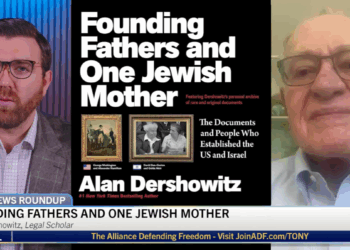 A split screen image of Tony Kinnett and Alan Dershowitz, advertising his new book in the middle.