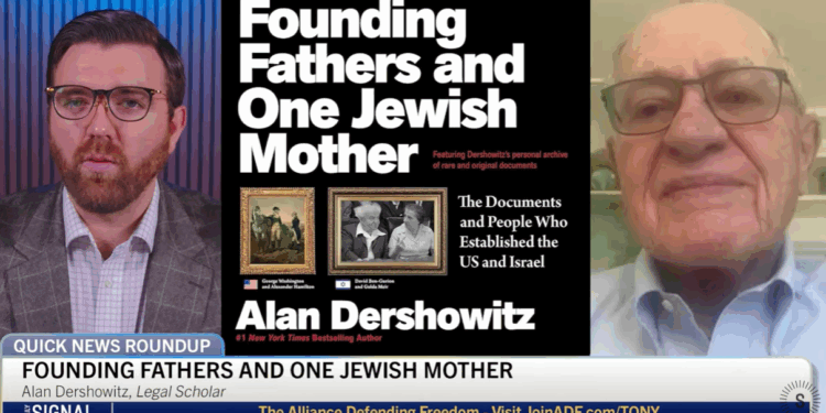 A split screen image of Tony Kinnett and Alan Dershowitz, advertising his new book in the middle.