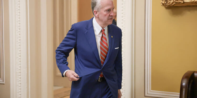 Sen. Dan Sullivan (R-Alaska) arrives to a lunch with Senate Republicans at the U.S. Capitol Building on August 06, 2026 in Washington, DC. (Anna Moneymaker/Getty Images)