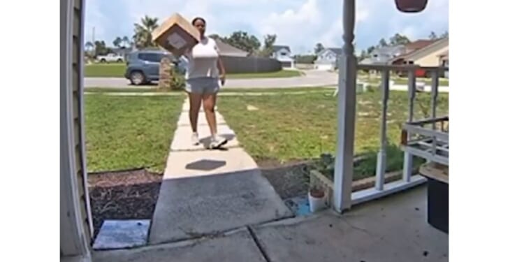 The delivery driver launched the package from several feet away, causing it to fly through the air before rolling onto the porch.