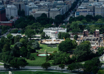 Construction of a helipad and ballroom at the White House seen from a window at the Washington Monument, in Washington, D.C., August 4, 2026. REUTERS/Eric Lee