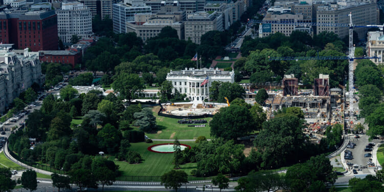 Construction of a helipad and ballroom at the White House seen from a window at the Washington Monument, in Washington, D.C., August 4, 2026. REUTERS/Eric Lee