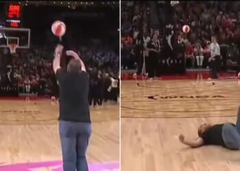 The half-court shot attempt did not end well for one fan in Portland.