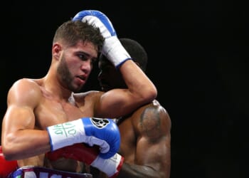 Prichard Colon and Terrel Williams exchange punches in their super welterweights bout at EagleBank Arena on the campus of George Mason University on Oct. 17, 2015, in Fairfax, Virginia.