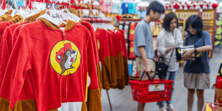 Red and brown animal onesies with a beaver logo hang in a store, while three people with red shopping baskets browse items in the background.