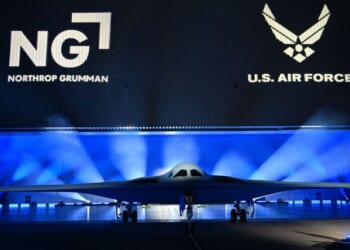 The B-21 Raider is seen in a file photo dated Dec. 2, 2022, when the aircraft was unveiled during a ceremony at Northrop Grumman's Air Force Plant 42 in Palmdale, California.