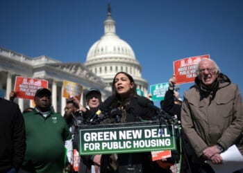 Rep. Alexandria Ocasio-Cortez speaks during a press conference with Sen. Bernie Sanders outside the U.S. Capitol on March 21, 2024, in Washington, D.C.