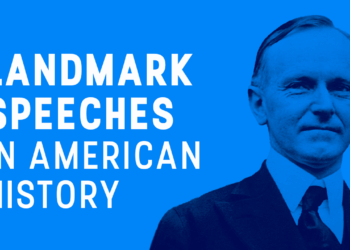 A man in a suit stands on the right against a blue background. On the left, bold white text reads, Landmark Speeches in American History..
