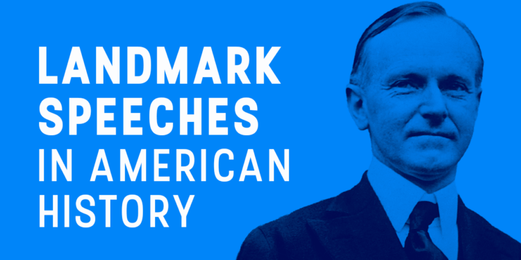 A man in a suit stands on the right against a blue background. On the left, bold white text reads, Landmark Speeches in American History..