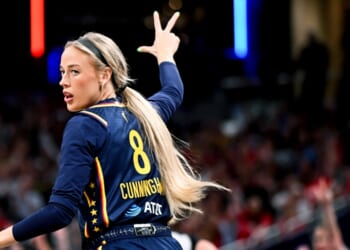 Sophie Cunningham of the Indiana Fever reacts against the New York Liberty during the first half at Gainbridge Fieldhouse on July 18, 2026, in Indianapolis, Indiana.