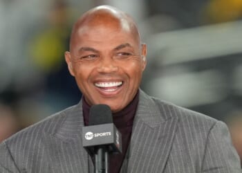 TNT college basketball analyst Charles Barkley on air before the National Championship of the 2026 NCAA Men's Basketball Tournament between the Michigan Wolverines and the Connecticut Huskies at Lucas Oil Stadium on April 6, 2026, in Indianapolis, Indiana.