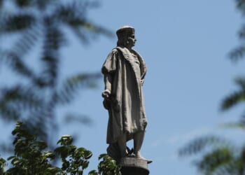A statue to the famed explorer Christopher Columbus stands in Columbus Circle June 25, 2020, in New York City.