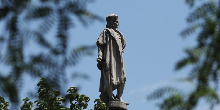 A statue to the famed explorer Christopher Columbus stands in Columbus Circle June 25, 2020, in New York City.