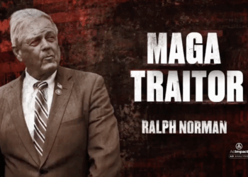 The Invest in Tomorrow Coalition PAC, a climate activist group, attacks Republicans for being insufficiently MAGA. Pictured: Ralph Norman, a man in a suit stands beside bold text reading MAGA TRAITOR and RALPH NORMAN on a red and black background with a faint image of the U.S. Capitol.