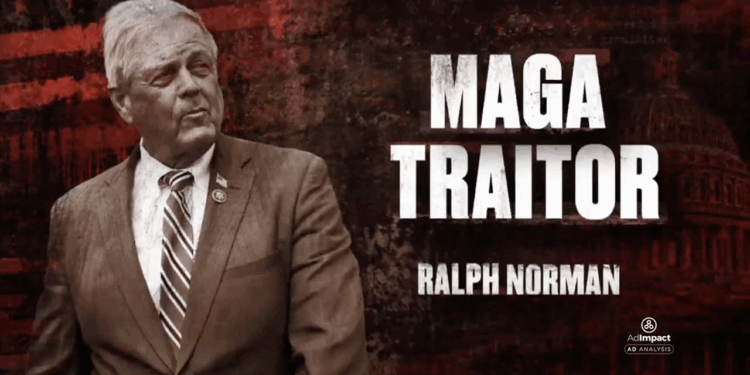 The Invest in Tomorrow Coalition PAC, a climate activist group, attacks Republicans for being insufficiently MAGA. Pictured: Ralph Norman, a man in a suit stands beside bold text reading MAGA TRAITOR and RALPH NORMAN on a red and black background with a faint image of the U.S. Capitol.