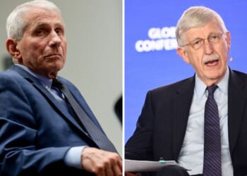 Anthony Fauci, left, turns in a Senate committee hearing to face a camera on July 29, 2026. Dr. Francis Collins, right, speaks to a forum at the Milken Institute Global Conference on May 2, 2022.
