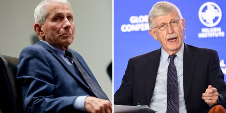 Anthony Fauci, left, turns in a Senate committee hearing to face a camera on July 29, 2026. Dr. Francis Collins, right, speaks to a forum at the Milken Institute Global Conference on May 2, 2022.