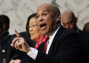 Sen. Cory Booker speaks as members of the Senate Judiciary Committee gather to vote on the nomination of Todd Blanche to be U.S. Attorney General on Capitol Hill on Aug. 4, 2026, in Washington, D.C.