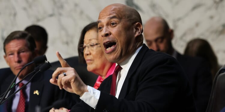 Sen. Cory Booker speaks as members of the Senate Judiciary Committee gather to vote on the nomination of Todd Blanche to be U.S. Attorney General on Capitol Hill on Aug. 4, 2026, in Washington, D.C.