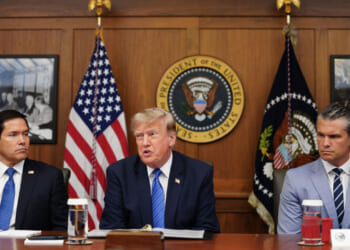 US President Donald Trump, alongside Secretary of State Marco Rubio (L) and Secretary of Defense Pete Hegseth (R), speaks during a Cabinet meeting at Camp David in Maryland, on July 31, 2026.