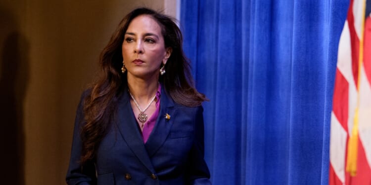 Assistant Attorney General for Civil Rights Harmeet Dhillon arrives for a news conference at the Justice Department on Sept. 29, 2025, in Washington, D.C.