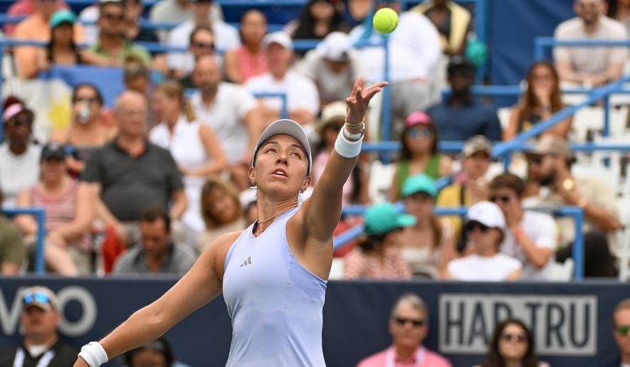Jessica Pegula of the United States serves against Alex Eala of the Philippines in the WTA final of the DC Open tennis tournament in Washington, D.C., Sunday, August 2, 2026. (All-Pro Reels)