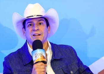 Bobby Pulido, singer and candidate for the 15th district of Congress in Texas, speaks at a press conference during La Cura Fest by Carin Leon at Expogan on March 15, 2026, in Hermosillo, Mexico.