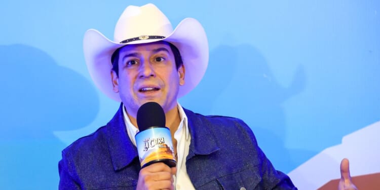 Bobby Pulido, singer and candidate for the 15th district of Congress in Texas, speaks at a press conference during La Cura Fest by Carin Leon at Expogan on March 15, 2026, in Hermosillo, Mexico.