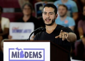 Democratic Senate candidate Abdul El-Sayed speaks during the Michigan Democratic Party General Election Kickoff Rally at Renaissance High School in Detroit, Michigan, on Aug. 7, 2026.