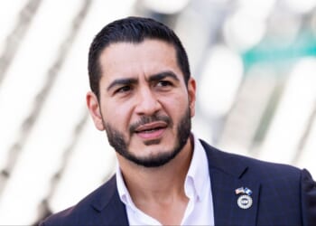 Michigan Democratic Senate candidate Abdul El-Sayed arrives to the Spirit of Detroit statue for a news conference in Detroit, Michigan, on Aug. 5, 2026.