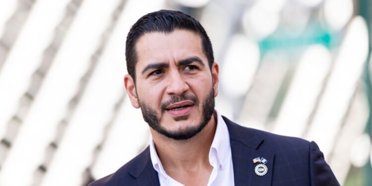 Michigan Democratic Senate candidate Abdul El-Sayed arrives to the Spirit of Detroit statue for a news conference in Detroit, Michigan, on Aug. 5, 2026.