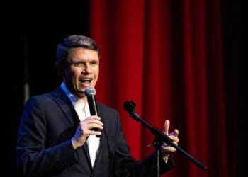 Democratic candidate for U.S. Senate James Talarico speaks during a campaign rally as part of his "New American Dream Tour" in Pasadena, Texas, on Aug. 9, 2026.