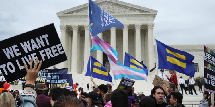 A new document suggests a parental-rights strategy from the LGBTQ movement. Pictured: a crowd protests outside a large government building, holding signs and waving flags, including a transgender pride flag and Human Rights Campaign flags. One sign reads, WE WANT TO LIVE FREE..