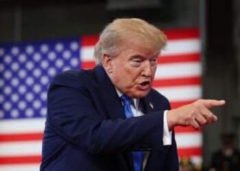 President Donald Trump arrives to deliver remarks at the David S. Mack Center for Training and Intelligence on Aug. 14, 2026, in Garden City, New York.