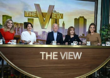 Then-President Joe Biden, center, attended a live interview on ABC's "The View" in New York on Sept. 25, 2024. The hosts, from left, are Whoopi Goldberg, Sara Haines, Ana Navarro, Joy Behar, Sunny Hostin, and Alyssa Farah Griffin.