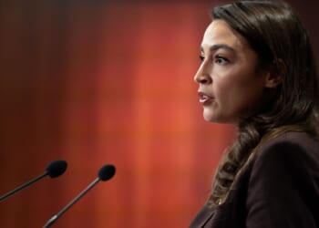 Rep. Alexandria Ocasio-Cortez speaks at a press conference to announce the Artificial Intelligence Data Center Moratorium Act at the U.S. Capitol on March 25, 2026, in Washington, D.C.