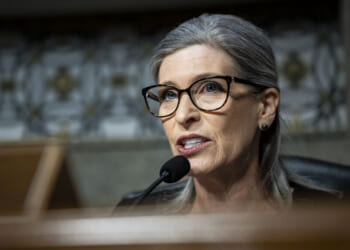 Sen. Joni Ernst (R-IA) during a Senate Armed Services Committee hearing on April 30, 2026 in the Dirksen Senate Office Building in Washington, DC. Hegseth testified on the Department of Defense Fiscal Year 2027 Budget Request. (Photo by Graeme Sloan/Getty Images)