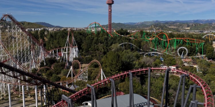 An aerial view of Six Flags Magic Mountain in Southern California shows the roller coasters that help the theme park live up to its own billing as "The thrill capital of the world."