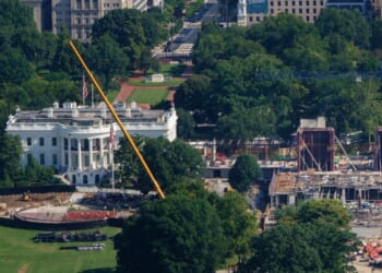 Construction continues on a new helipad on the South Lawn of the White House and the East Wing ballroom on Aug. 6, 2026, in Washington, D.C.