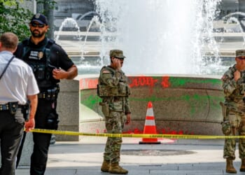 Vandalism can be seen at the World War II Memorial on Aug. 13, 2026, in Washington, D.C.
