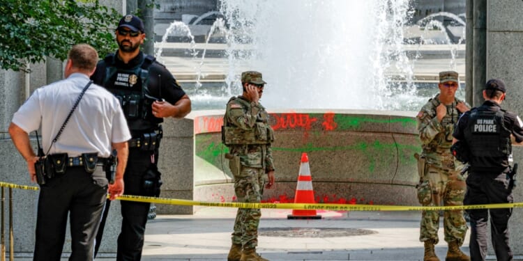 Vandalism can be seen at the World War II Memorial on Aug. 13, 2026, in Washington, D.C.